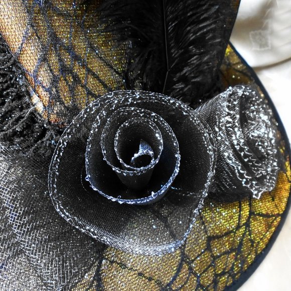 Couture Glamour Witch Hat for Costume, Gold Lame, Spider Web Lace, Feather - Picture 7 of 11